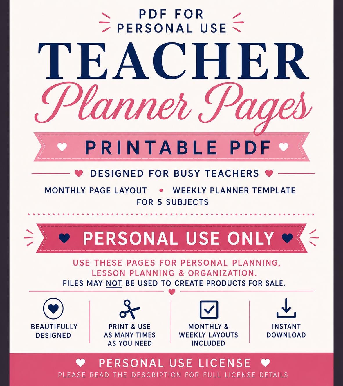 Teacher Planner Pages for Storybook Journal: Personal Use