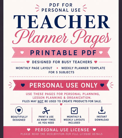 Teacher Planner Pages for Storybook Journal: Personal Use