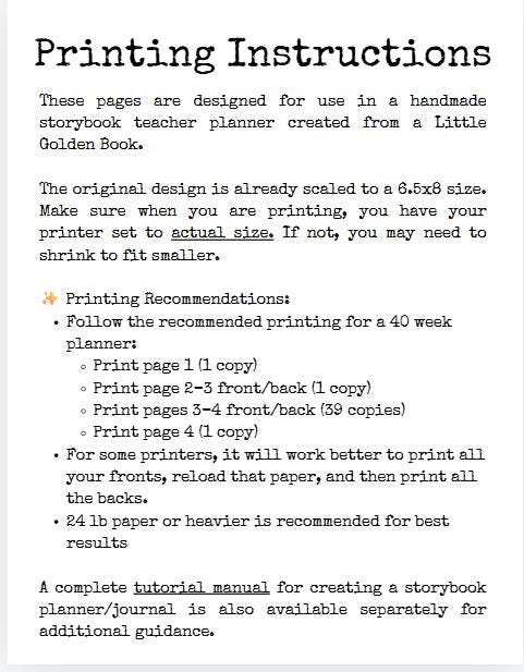 Teacher Planner Pages for Storybook Journal: Personal Use