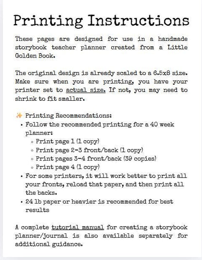 Teacher Planner Pages for Storybook Journal: Personal Use